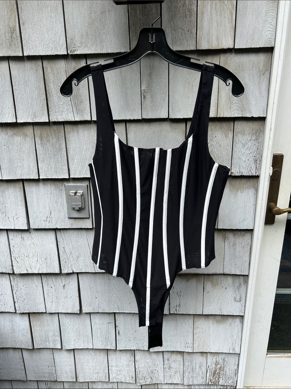 MISHA COLLECTION Black Bodysuit with White Vertical Stripes